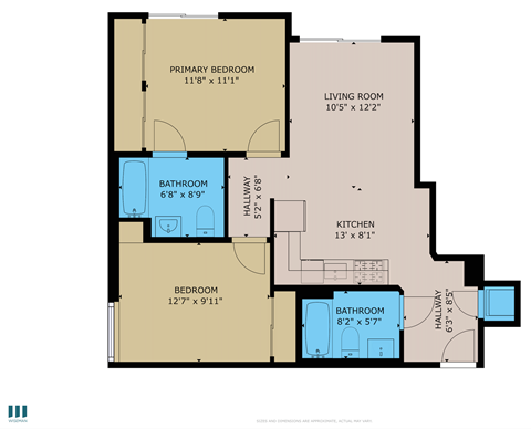 A floor plan of a house with a primary bedroom, living room, kitchen, two bathrooms, and two bedrooms.